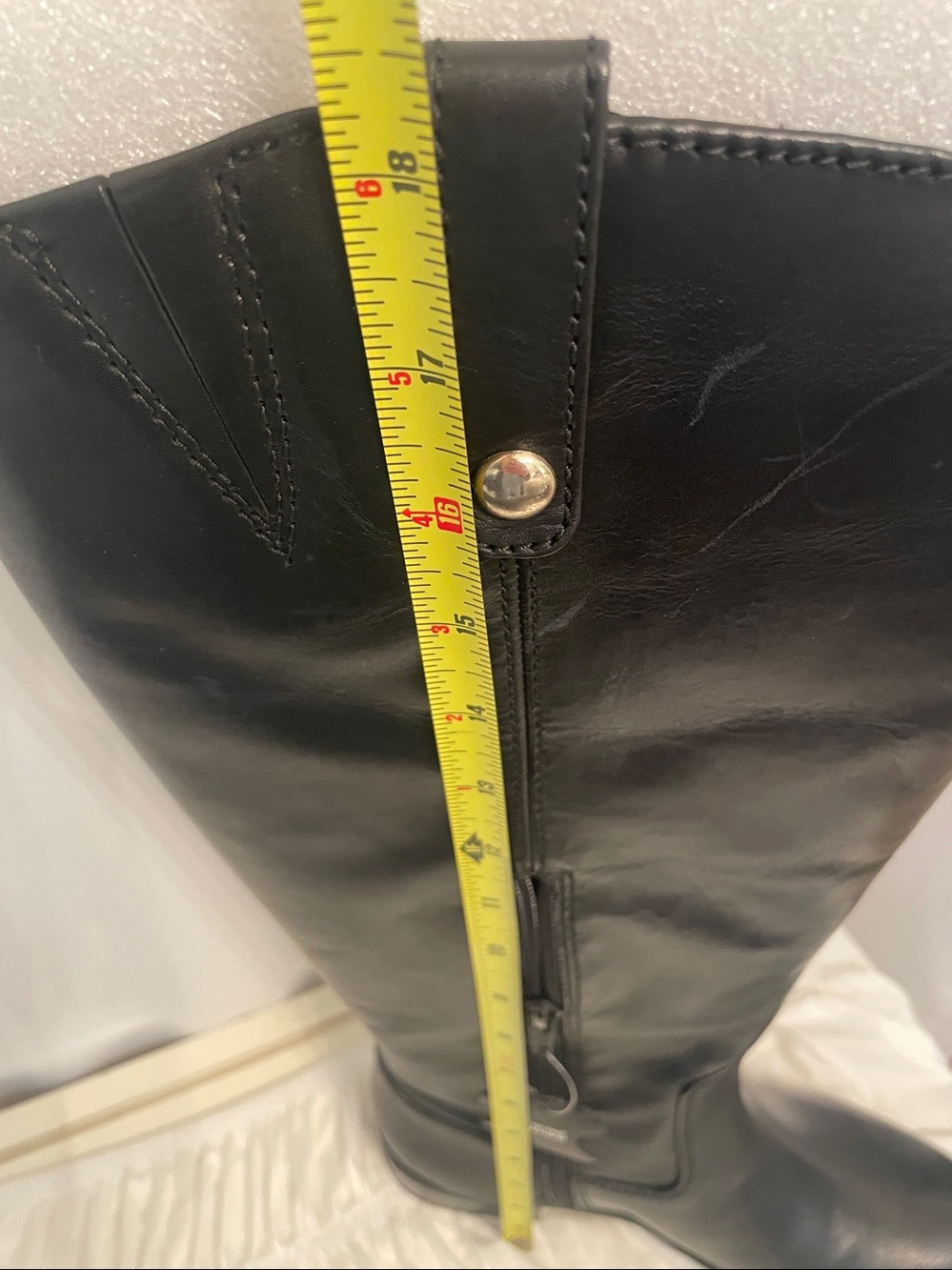INC Black leather Riding Boots, Wide Calf, 18” Tall, 1” heel, side zip top loops - Picture 16 of 16